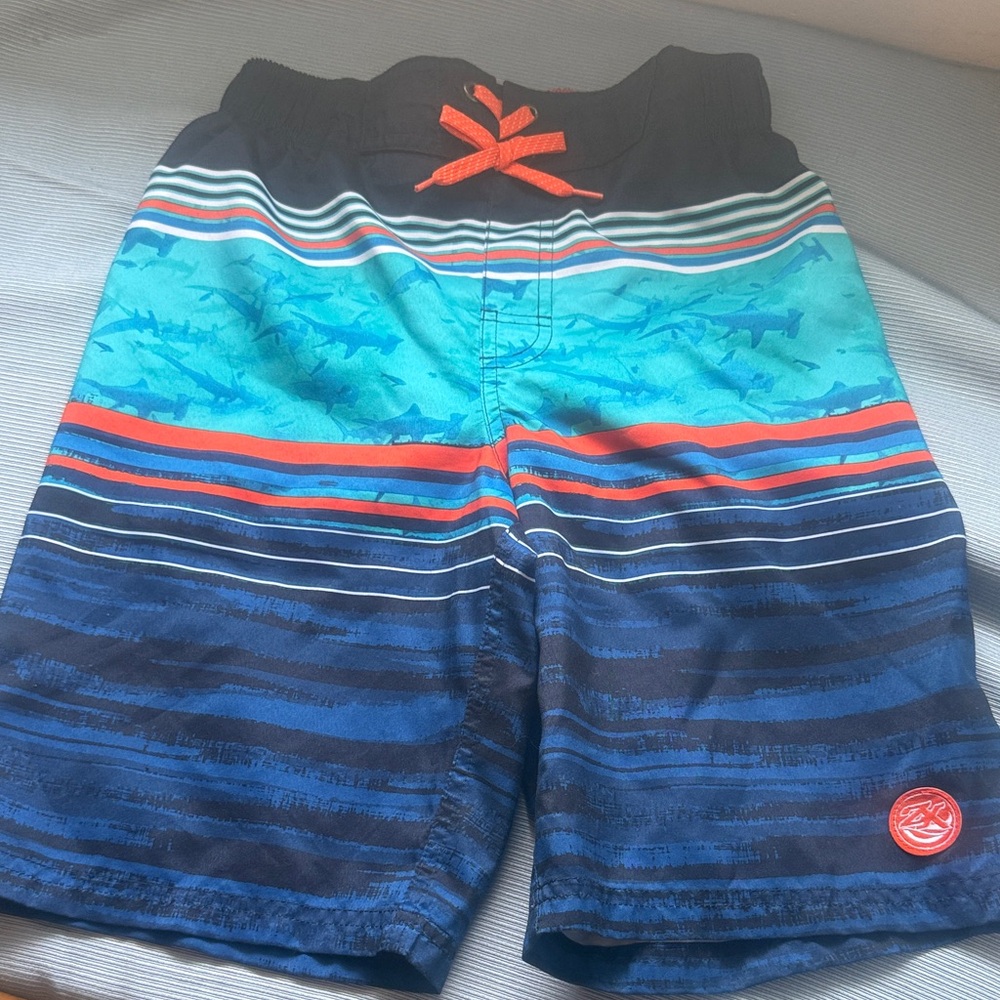 Kids Blue and Orange Striped Swim Shorts